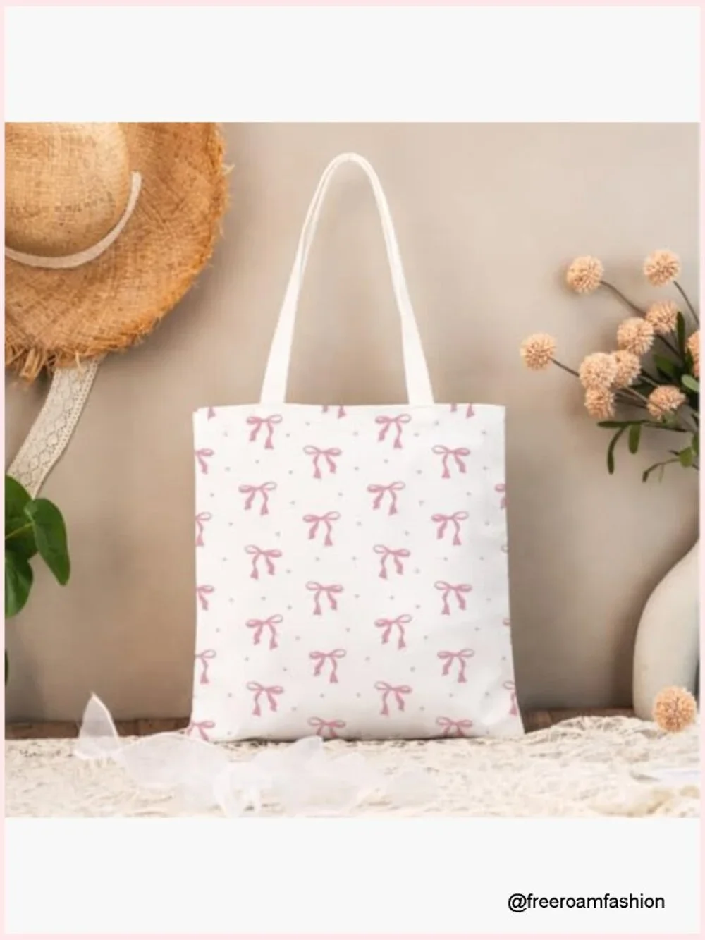 Canvas Tote Bag with Ribbon Bow, Lightweight Shoulder Bag for Shopping Travel